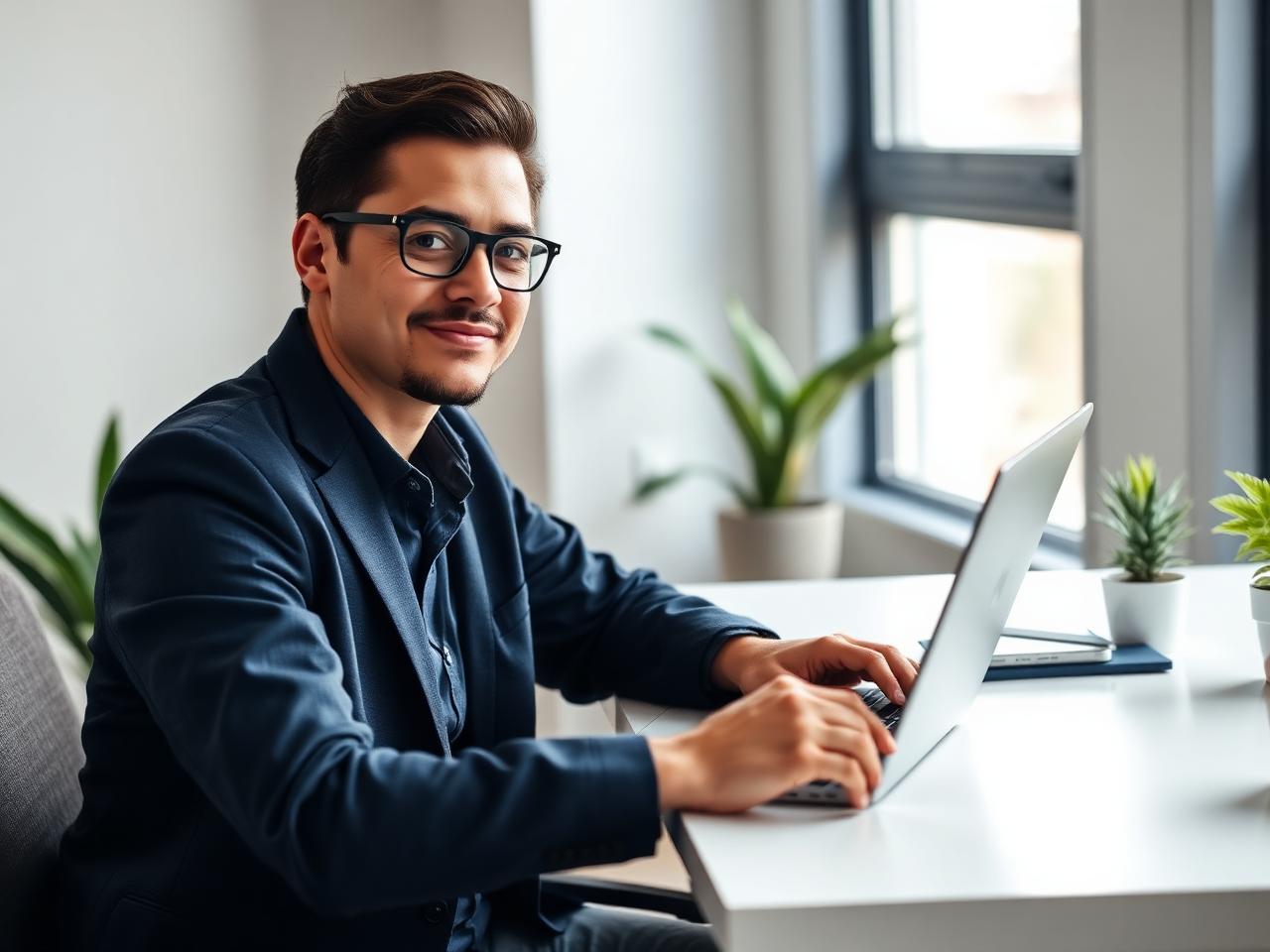 A job seeker reviewing open roles on a laptop at a bright desk